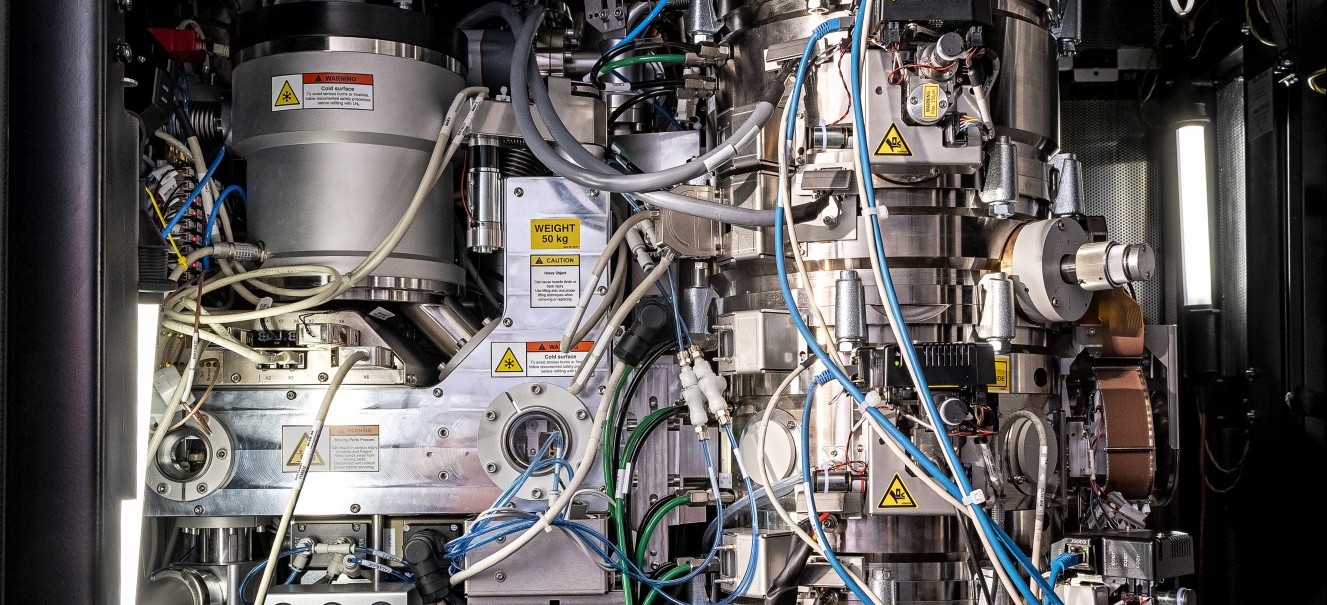 Internal wiring and column of a new Krios cryogenic transmission electron microscope.