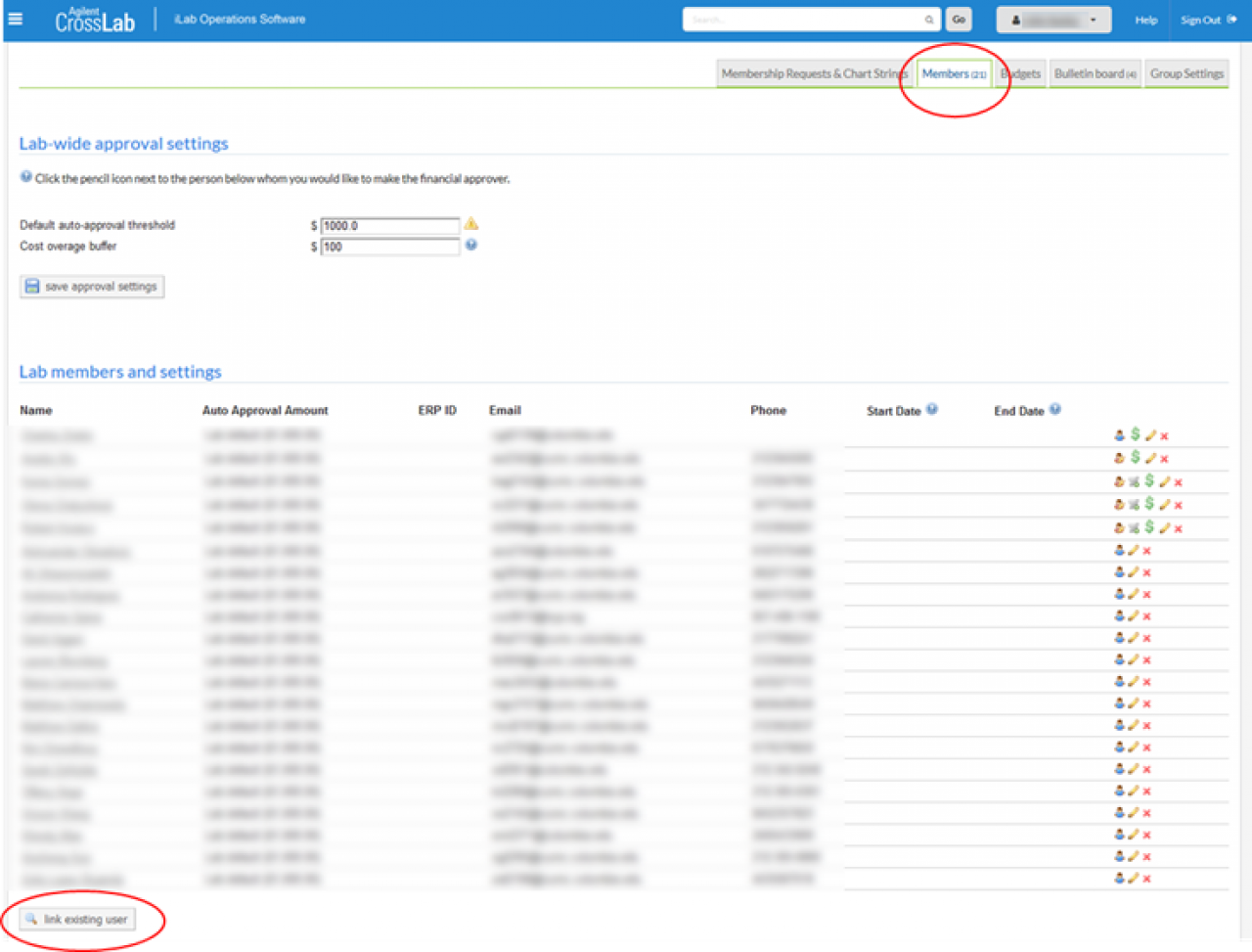Screenshot of iLab interface, showing the "link existing user" button available at the bottom of the lab membership settings tab.